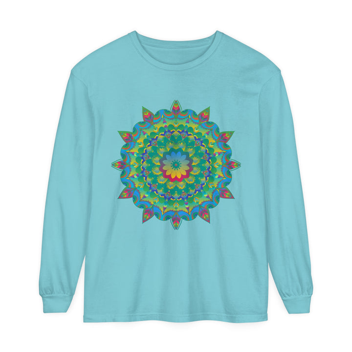 Vibrant and intricate psychedelic mandala design on long sleeve t-shirt