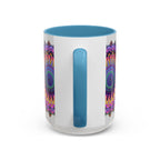 Beautiful mandala design in vibrant colors on a grey ceramic mug