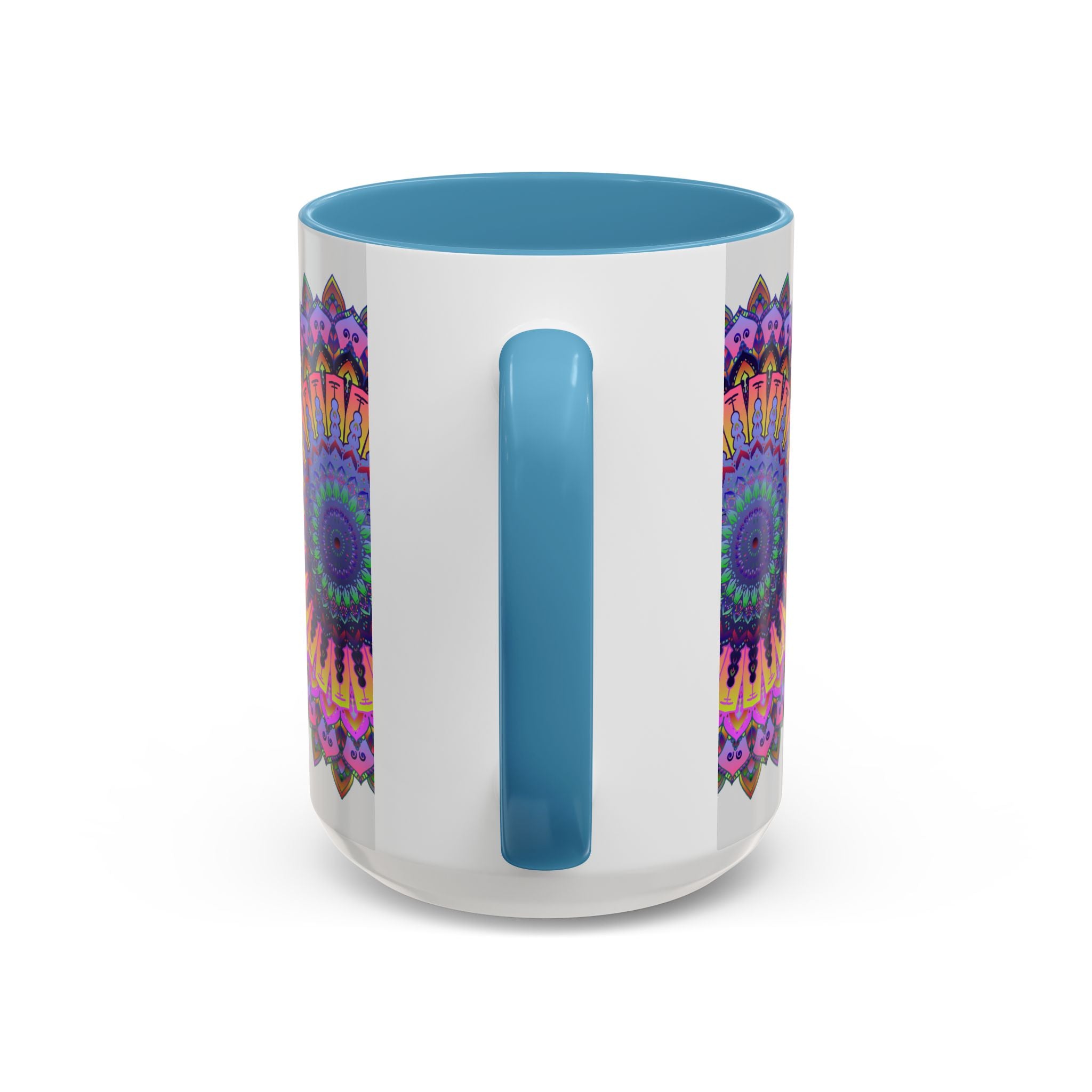 Beautiful mandala design in vibrant colors on a grey ceramic mug