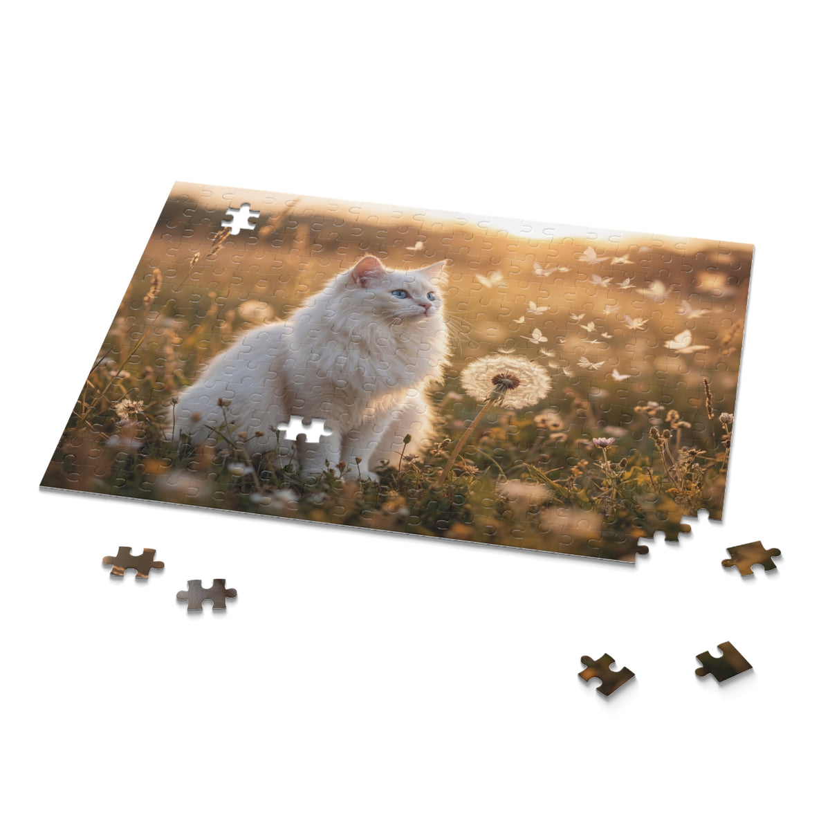 Cat in Dandelions Jigsaw Puzzle — White Kitten in Golden Field (120/252/500 pcs)