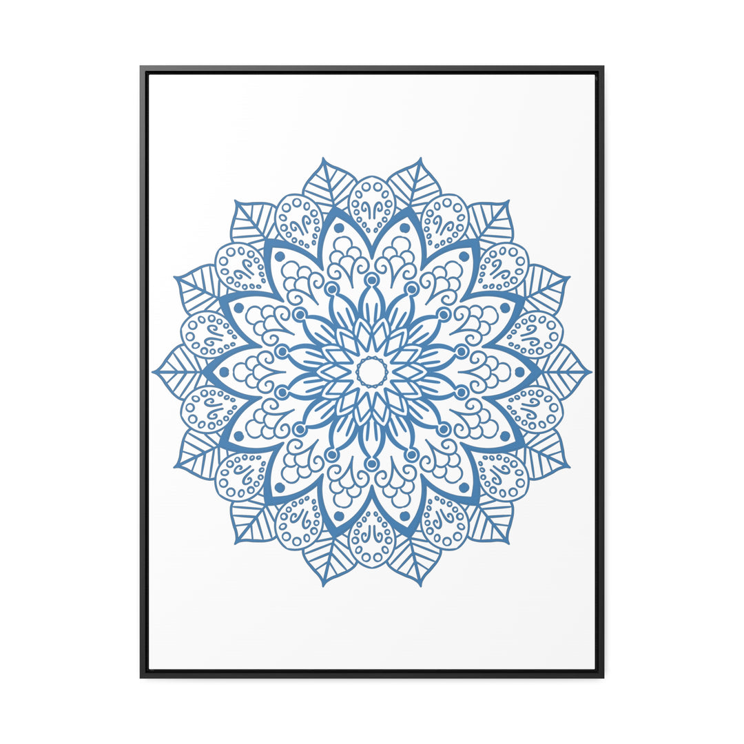 A decorative handmade steel blue mandala design wall art on gallery canvas wraps with vertical frame