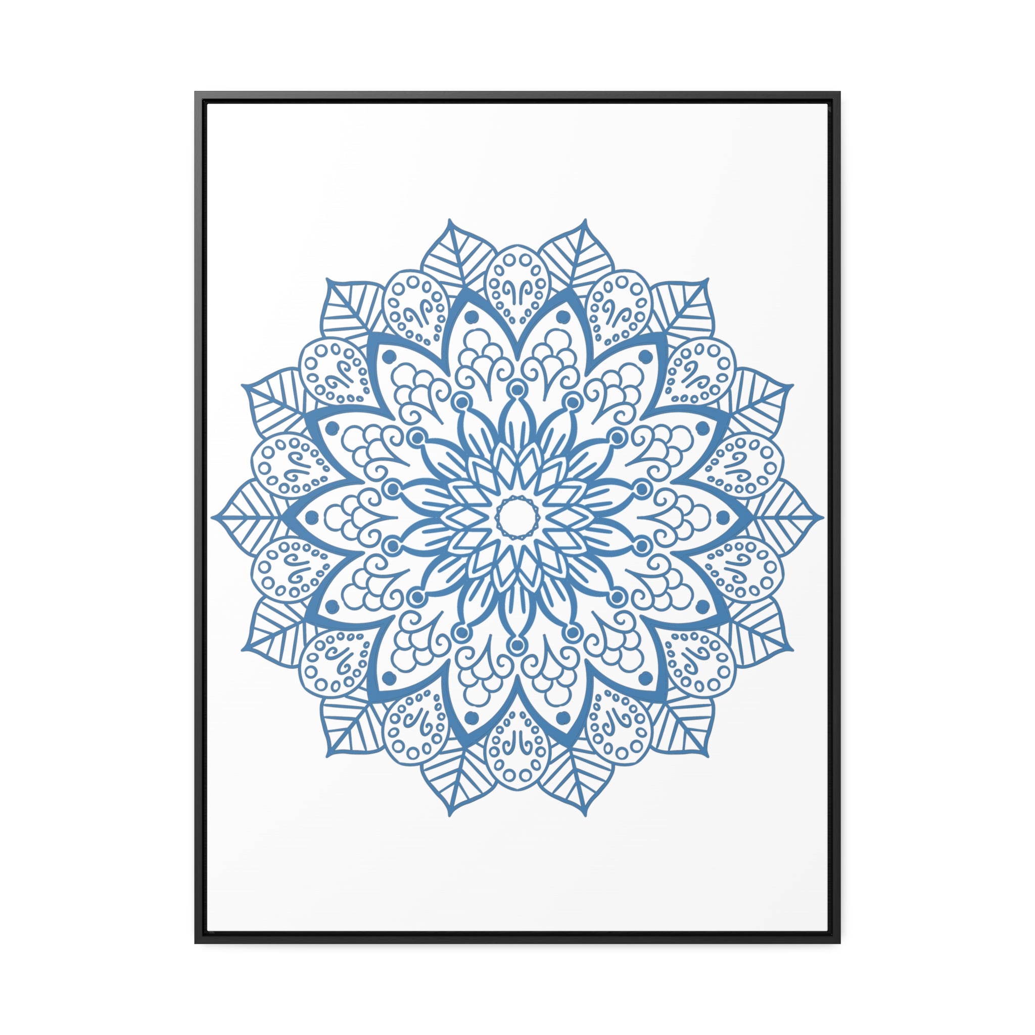 A decorative handmade steel blue mandala design wall art on gallery canvas wraps with vertical frame