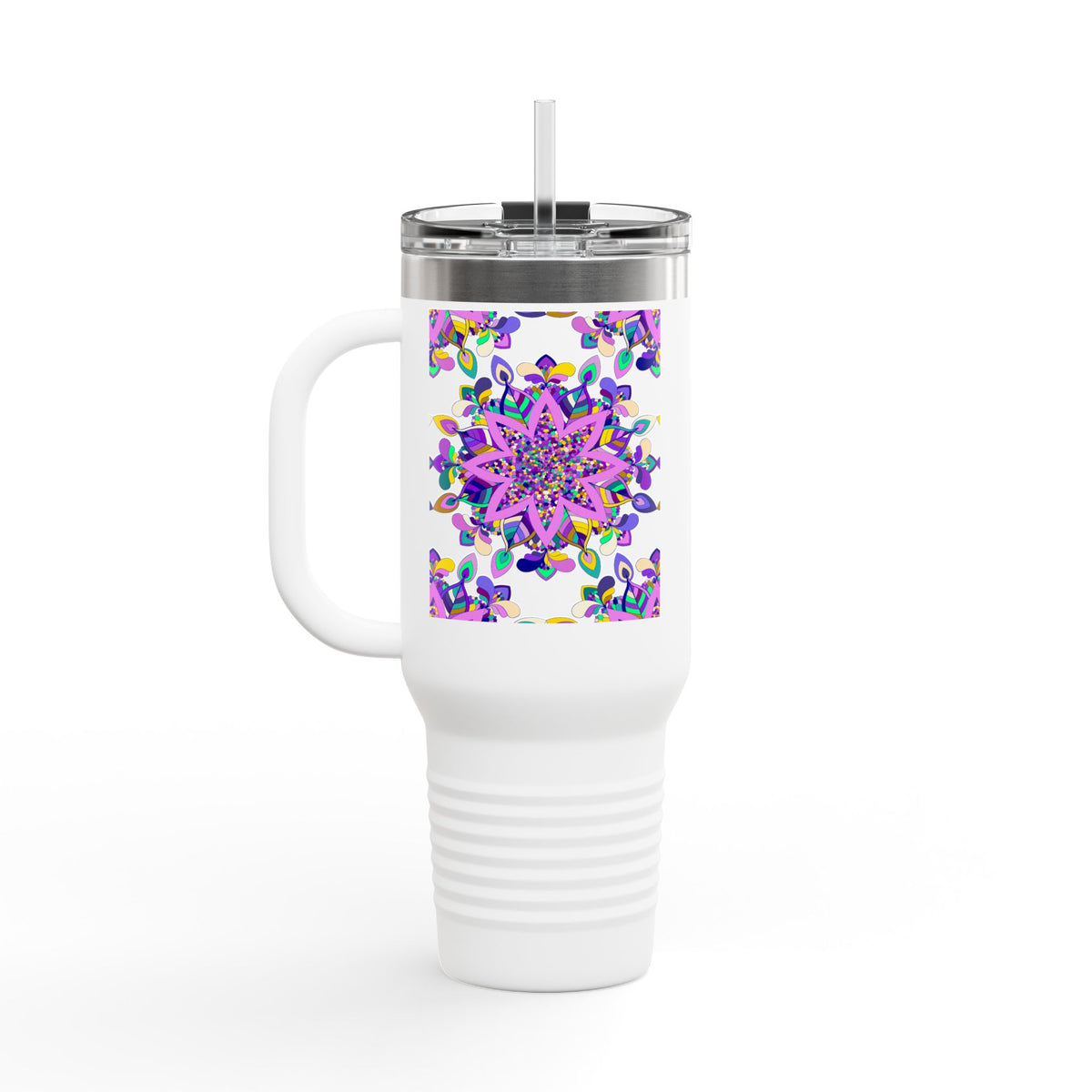 40oz Insulated Travel Mug — Purple Floral Mandala Design