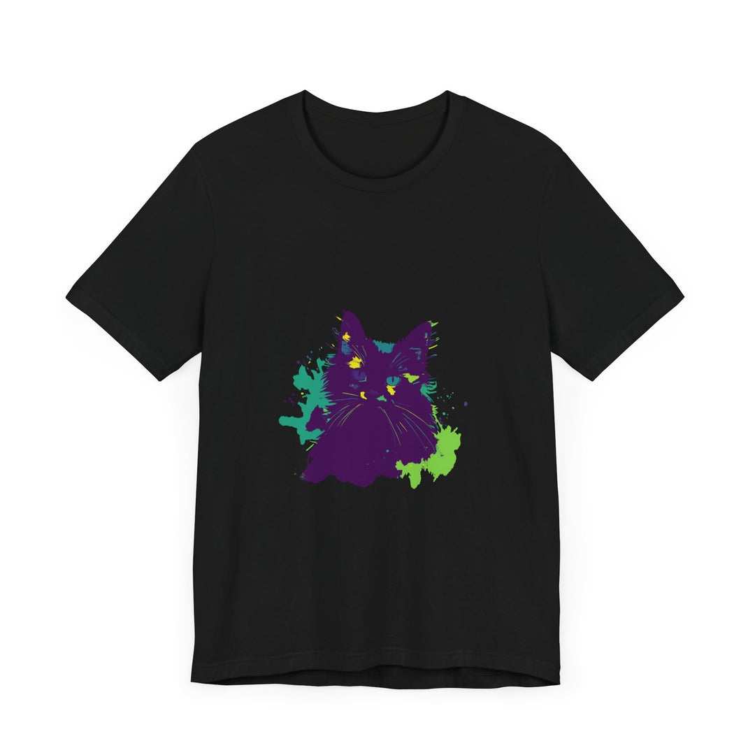 Abstract purple cat design T-shirt with mysterious and vibrant pattern