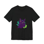 Abstract purple cat design T-shirt with mysterious and vibrant pattern