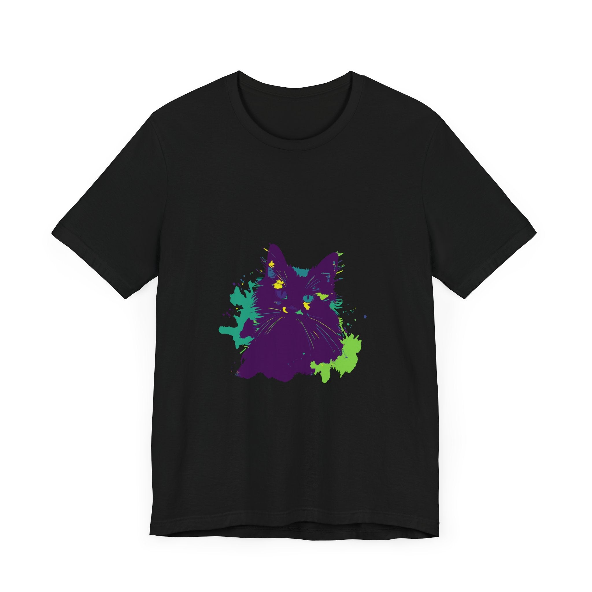 Abstract purple cat design T-shirt with mysterious and vibrant pattern