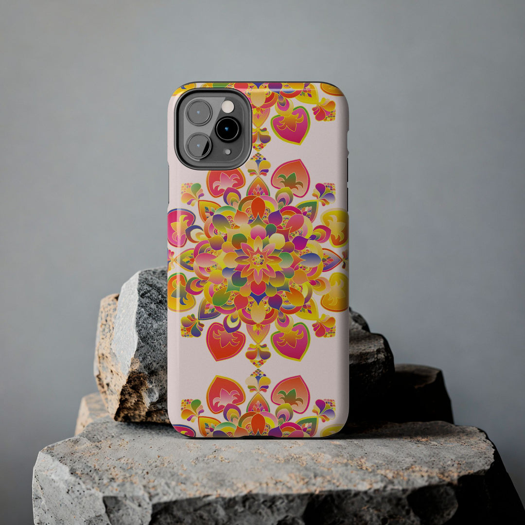 Colorful hand drawn mandala art phone case with intricate patterns and vibrant colors