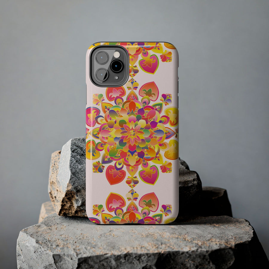 Colorful hand drawn mandala art phone case with intricate patterns and vibrant colors