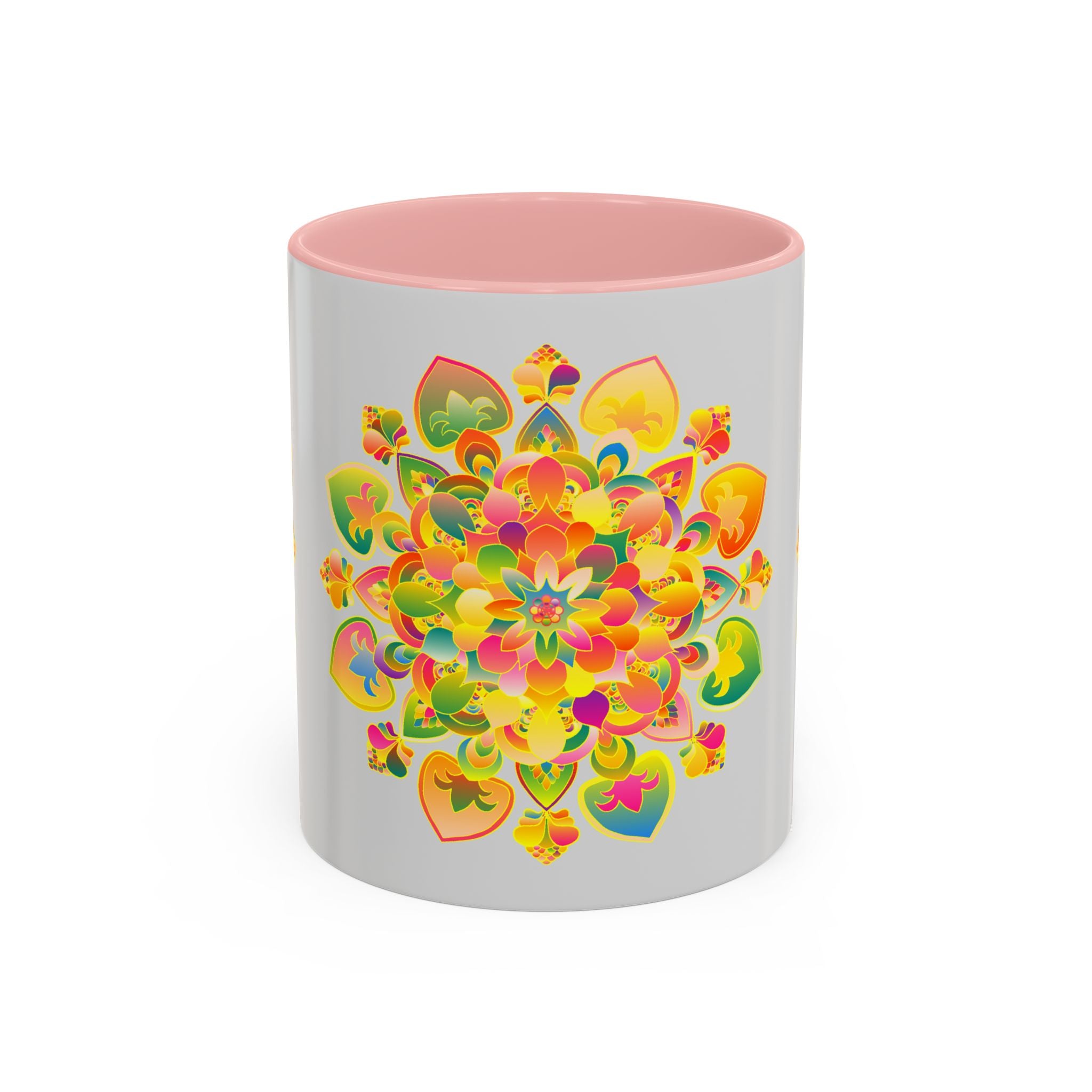 Handcrafted ceramic mug with beautiful mandala art and colorful flowers