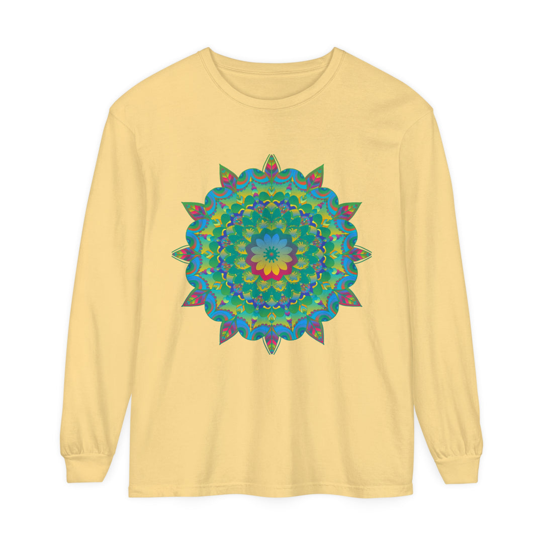 Colorful and intricate psychedelic mandala design on a long sleeve t-shirt