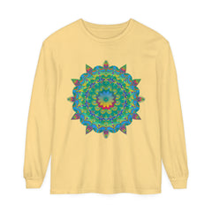 Colorful and intricate psychedelic mandala design on a long sleeve t-shirt