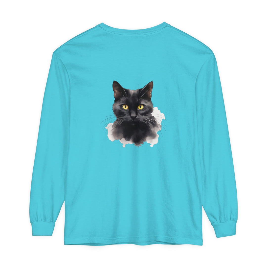  Men's and Women's Long Sleeve T-Shirt with Black Cat Print 