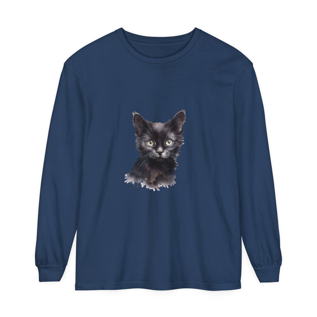 Long sleeve black cat watercolor design t-shirt, perfect for cat lovers