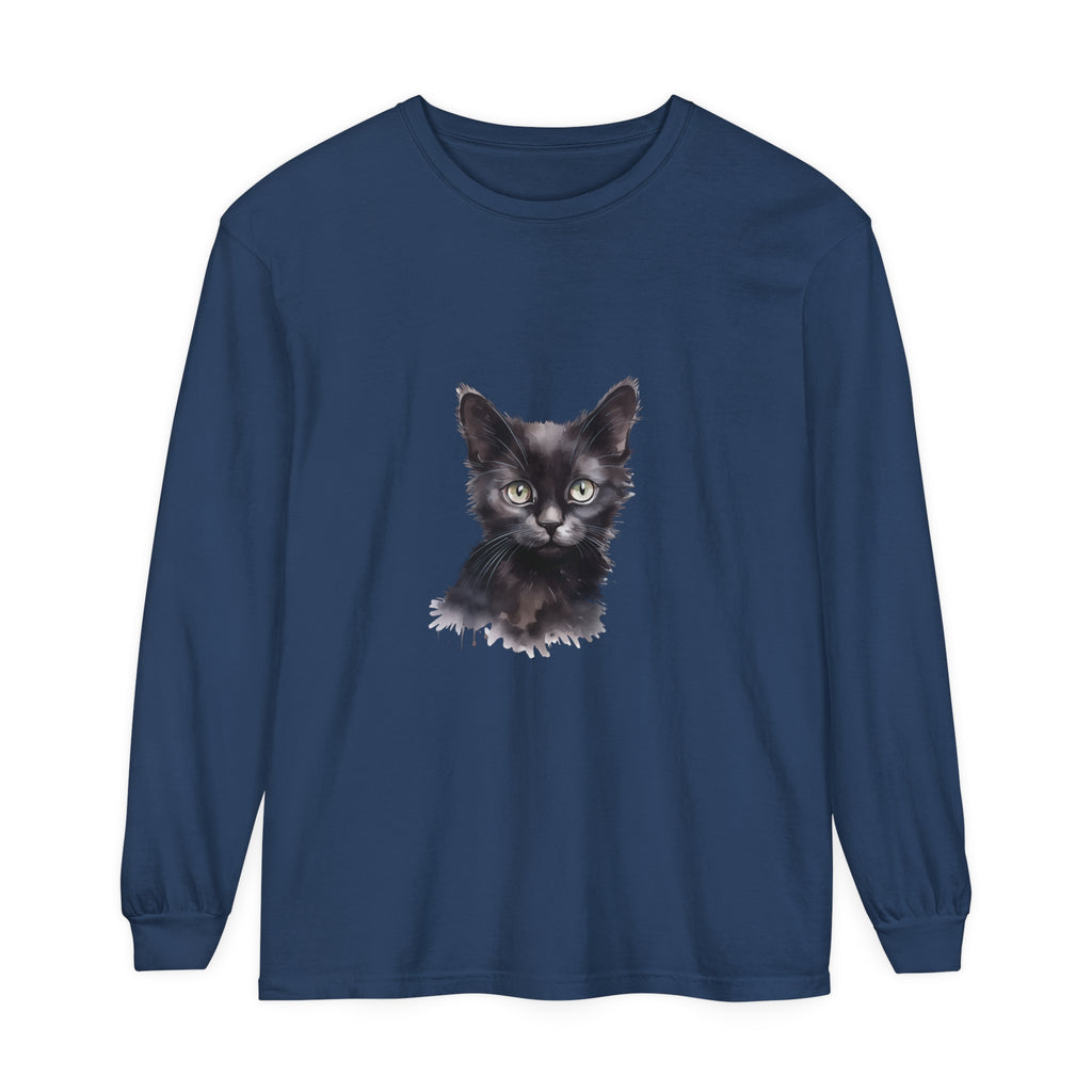 Long sleeve black cat watercolor design t-shirt, perfect for cat lovers