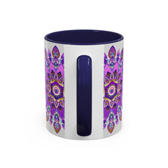 A beautiful purple and gold Mandala Mug featuring intricate Bohemian Art design