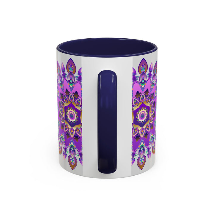 A beautiful purple and gold Mandala Mug featuring intricate Bohemian Art design