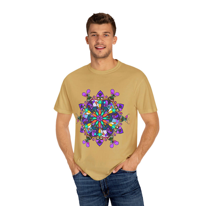 Unisex Mandala T-Shirt made from 100% Ring-Spun Cotton, hand-drawn Mandala art, garment-dyed for extra comfort