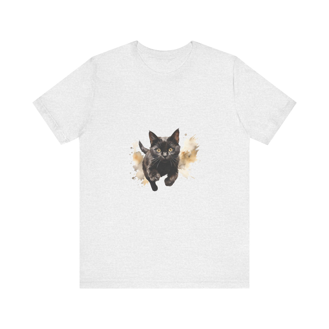 Black Cat Watercolor Sprint T-Shirt, a comfortable and stylish shirt featuring a vibrant watercolor print of a black cat