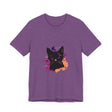 A black cat mystery t-shirt with a captivating design and purple eyes