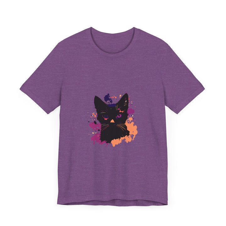 A black cat mystery t-shirt with a captivating design and purple eyes