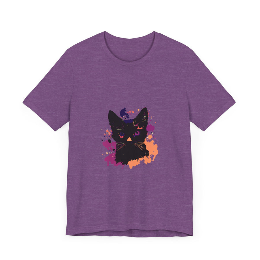 A black cat mystery t-shirt with a captivating design and purple eyes