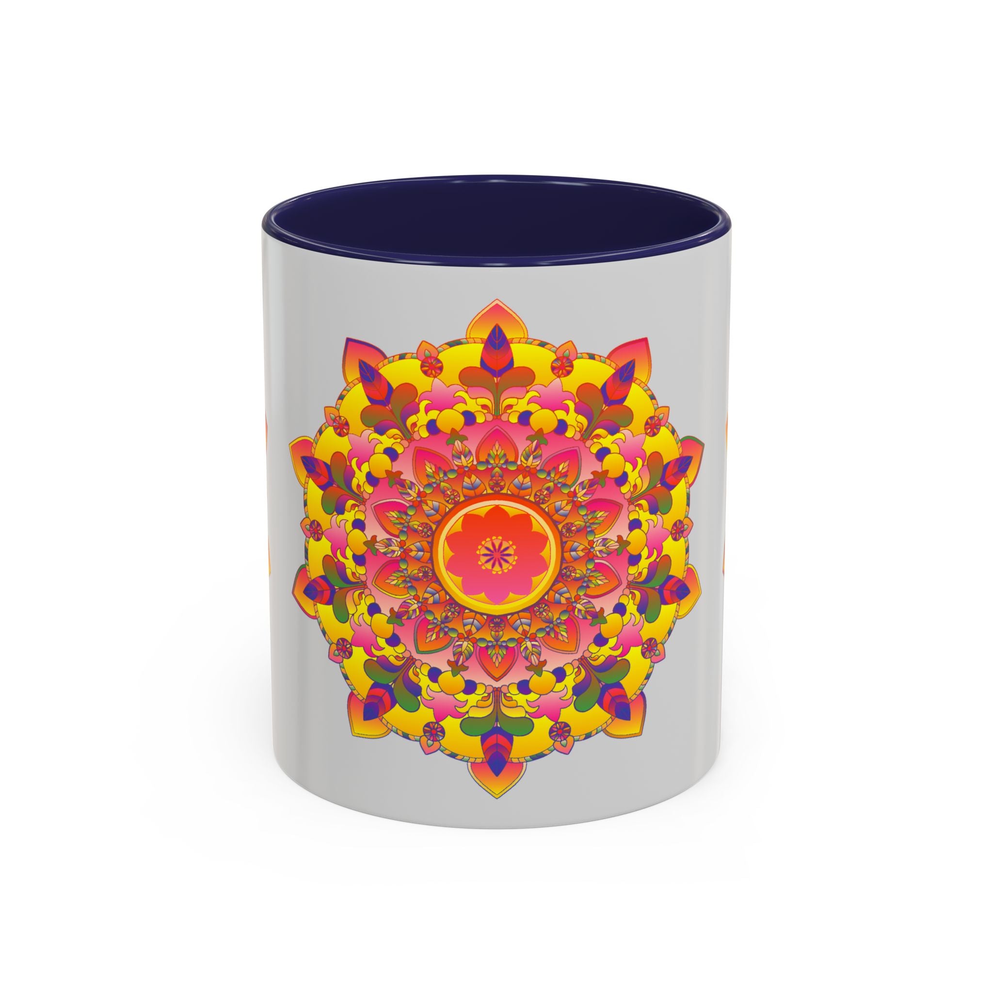 Colorful and intricate mandala art printed on a ceramic mug