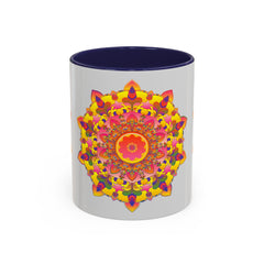 Colorful and intricate mandala art printed on a ceramic mug