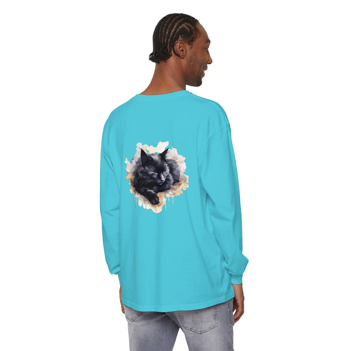 Beautiful watercolor illustration of a sleeping black cat on a soft and comfortable t-shirt