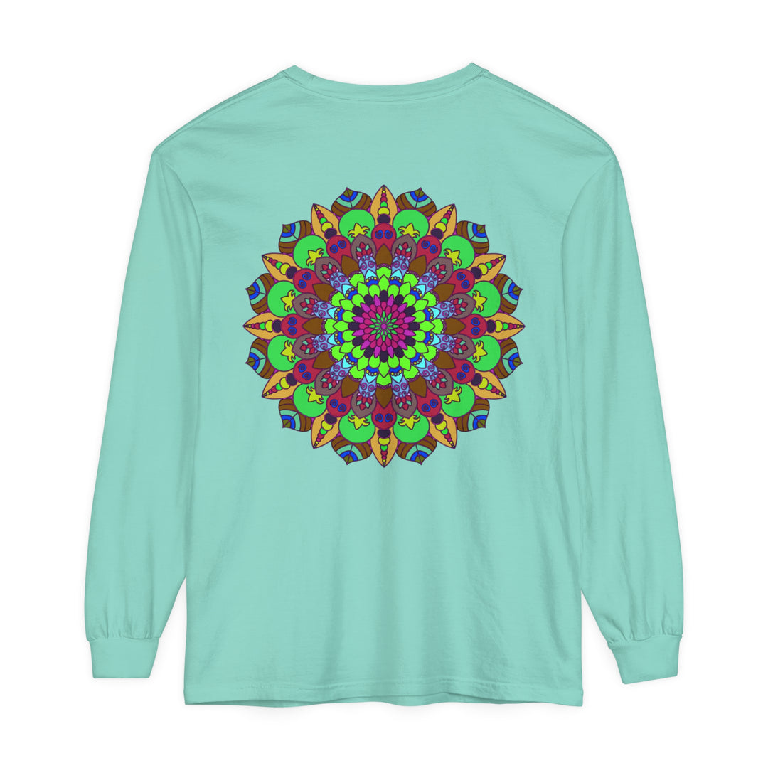 A vibrant and intricate mandala design printed on a unisex long sleeve t-shirt