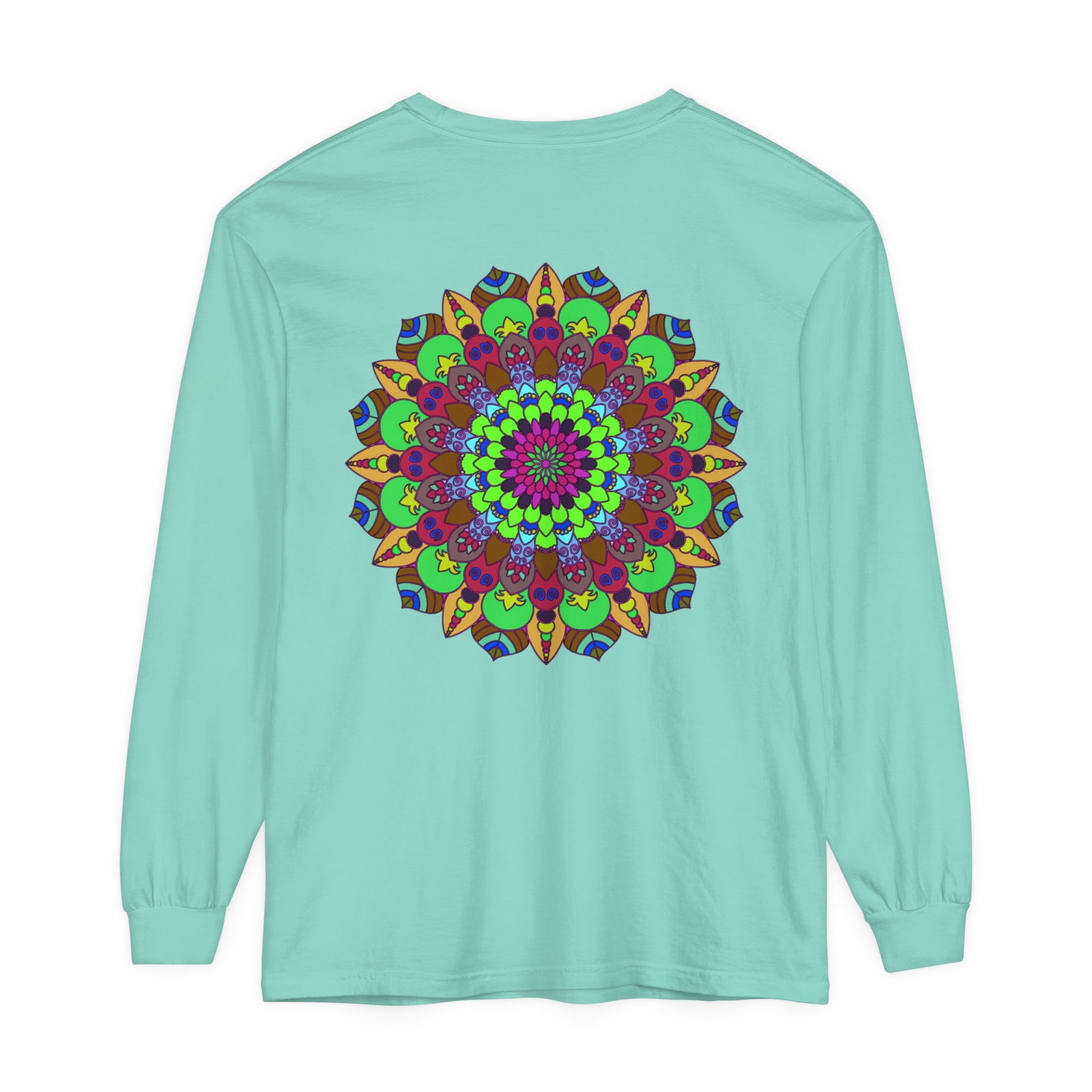 A vibrant and intricate mandala design printed on a unisex long sleeve t-shirt