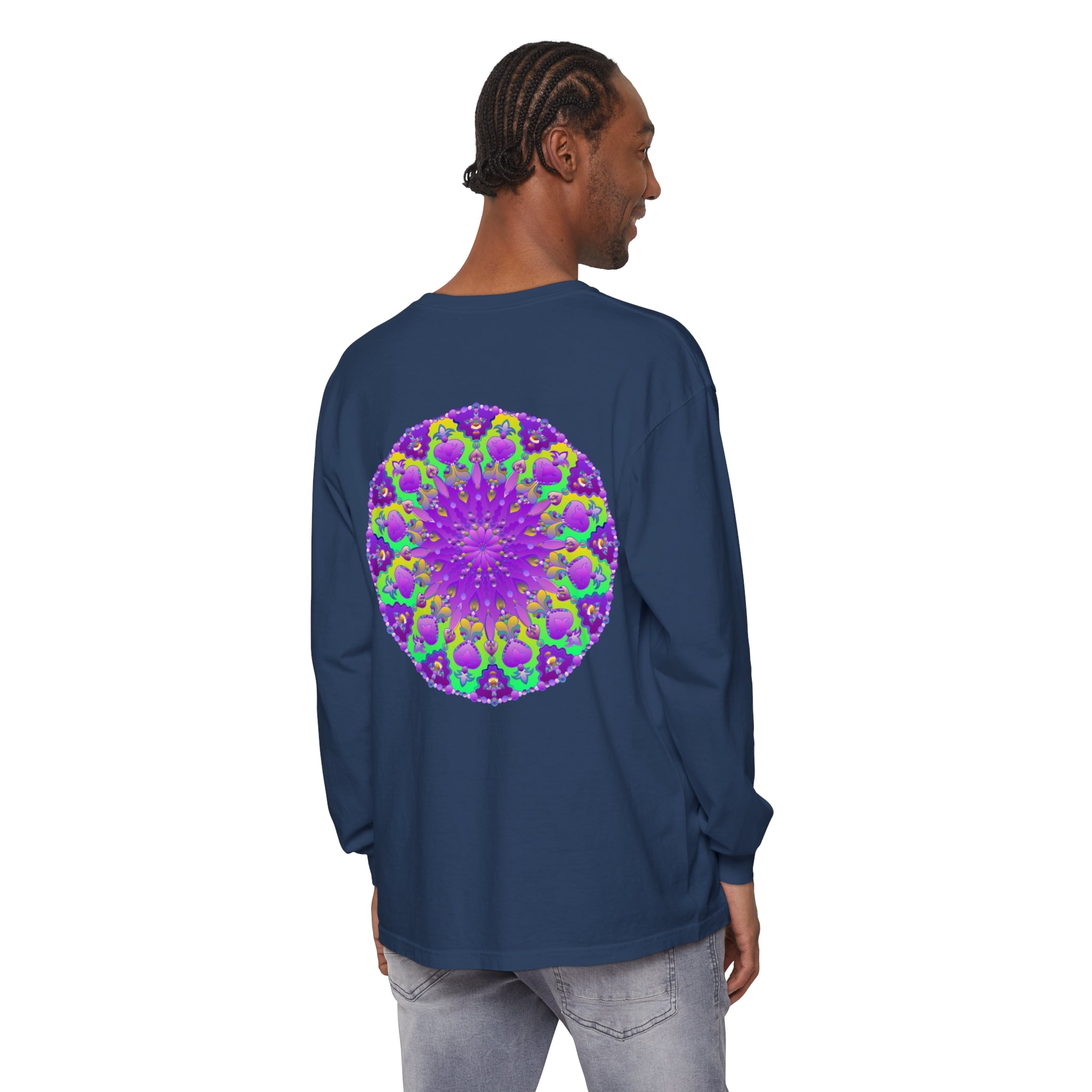 Vibrant purple and green mandala long sleeve t-shirt with intricate design