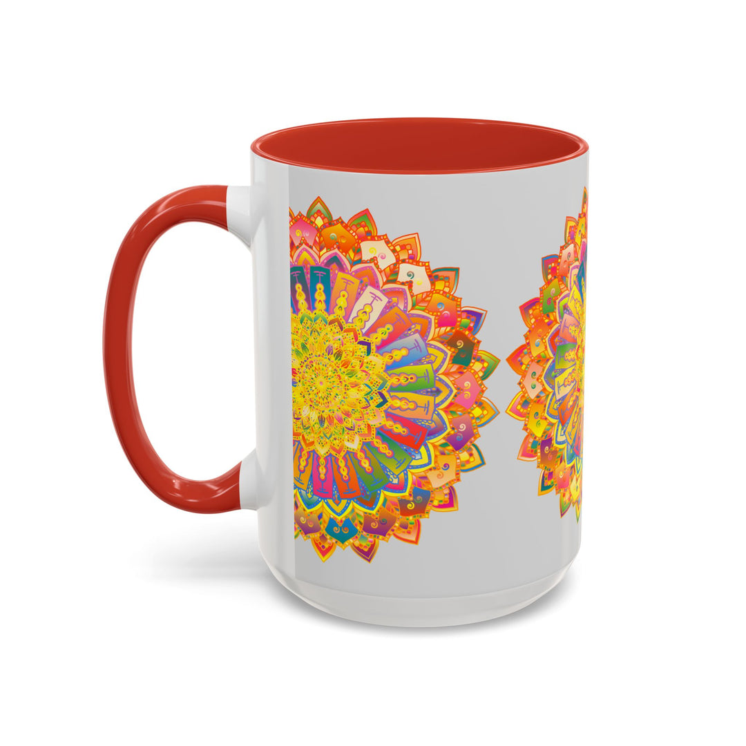 Vibrant and detailed mandala artwork on a grey mug