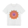 A close-up image of a vibrant mandala tee featuring psychedelic art designs