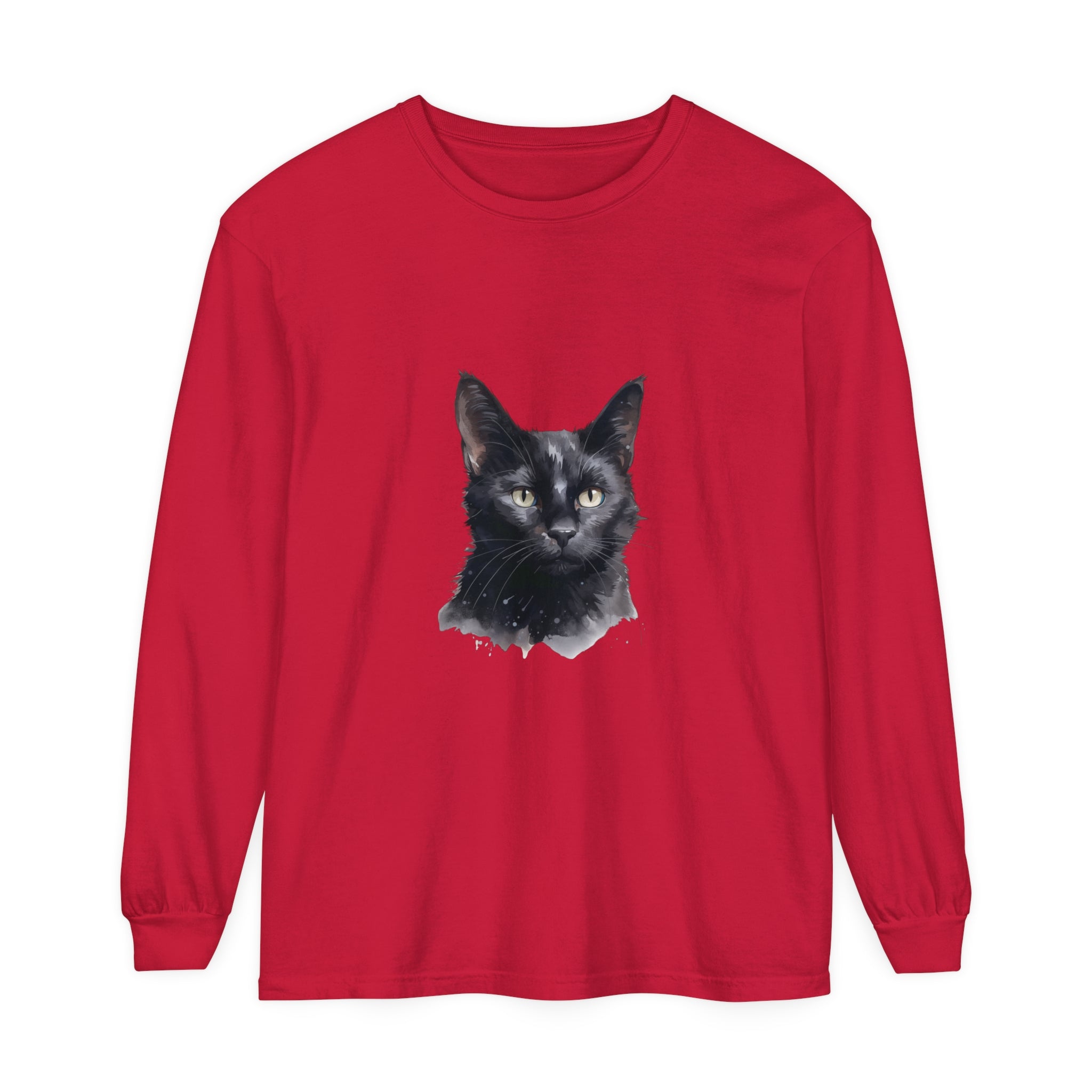 Black watercolor cat design on unisex long sleeve t-shirt