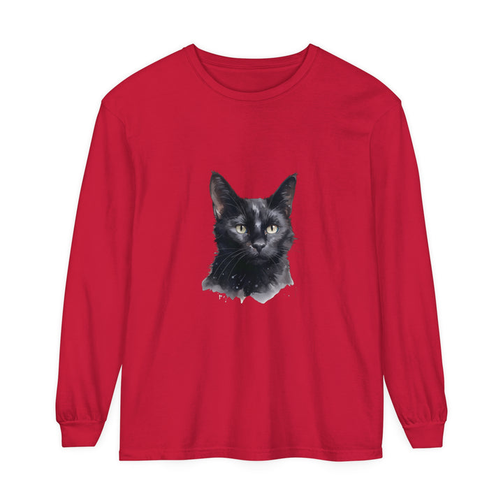 Black watercolor cat design on unisex long sleeve t-shirt