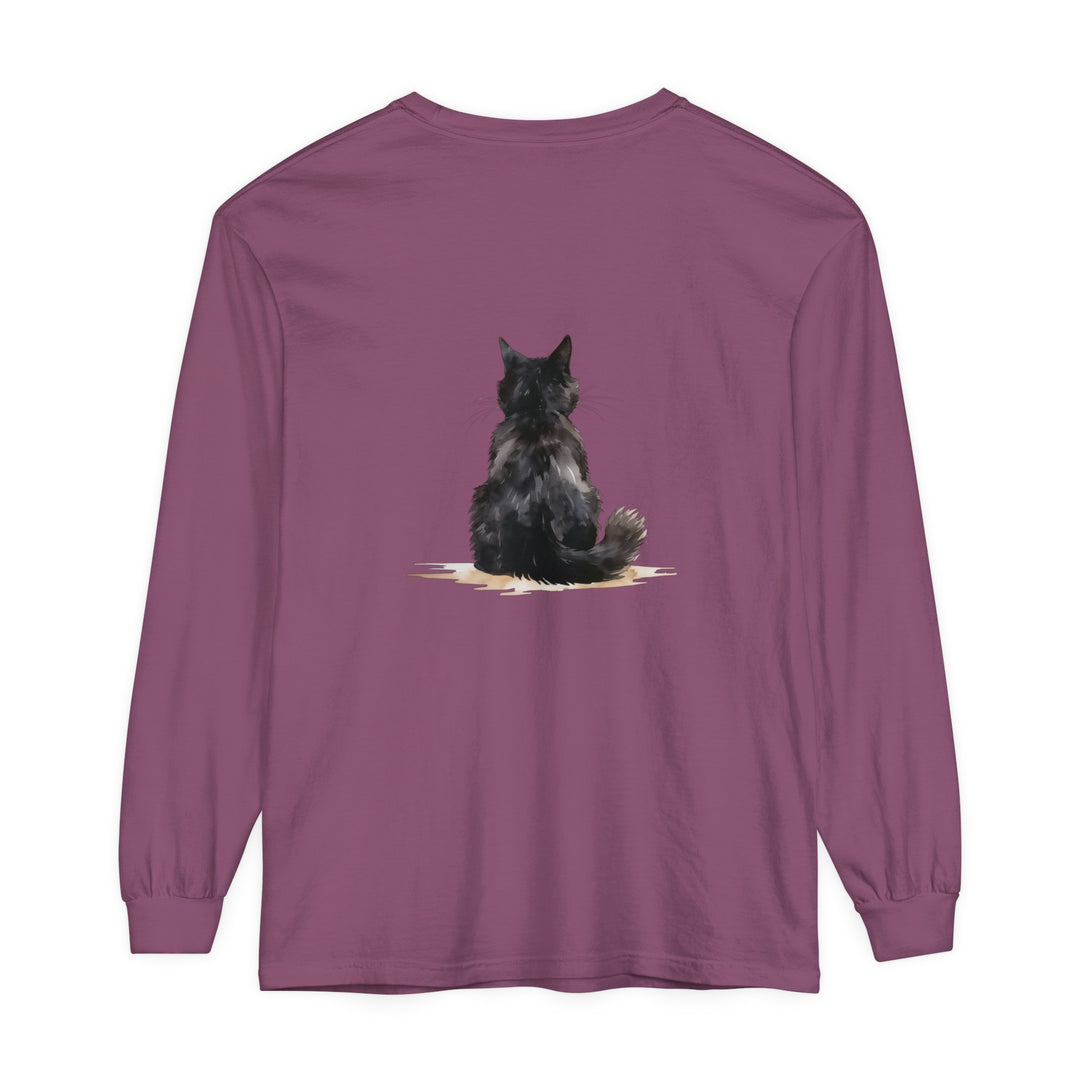 Black Cat Watercolor Unisex Long Sleeve T-Shirt showcasing vibrant watercolor design