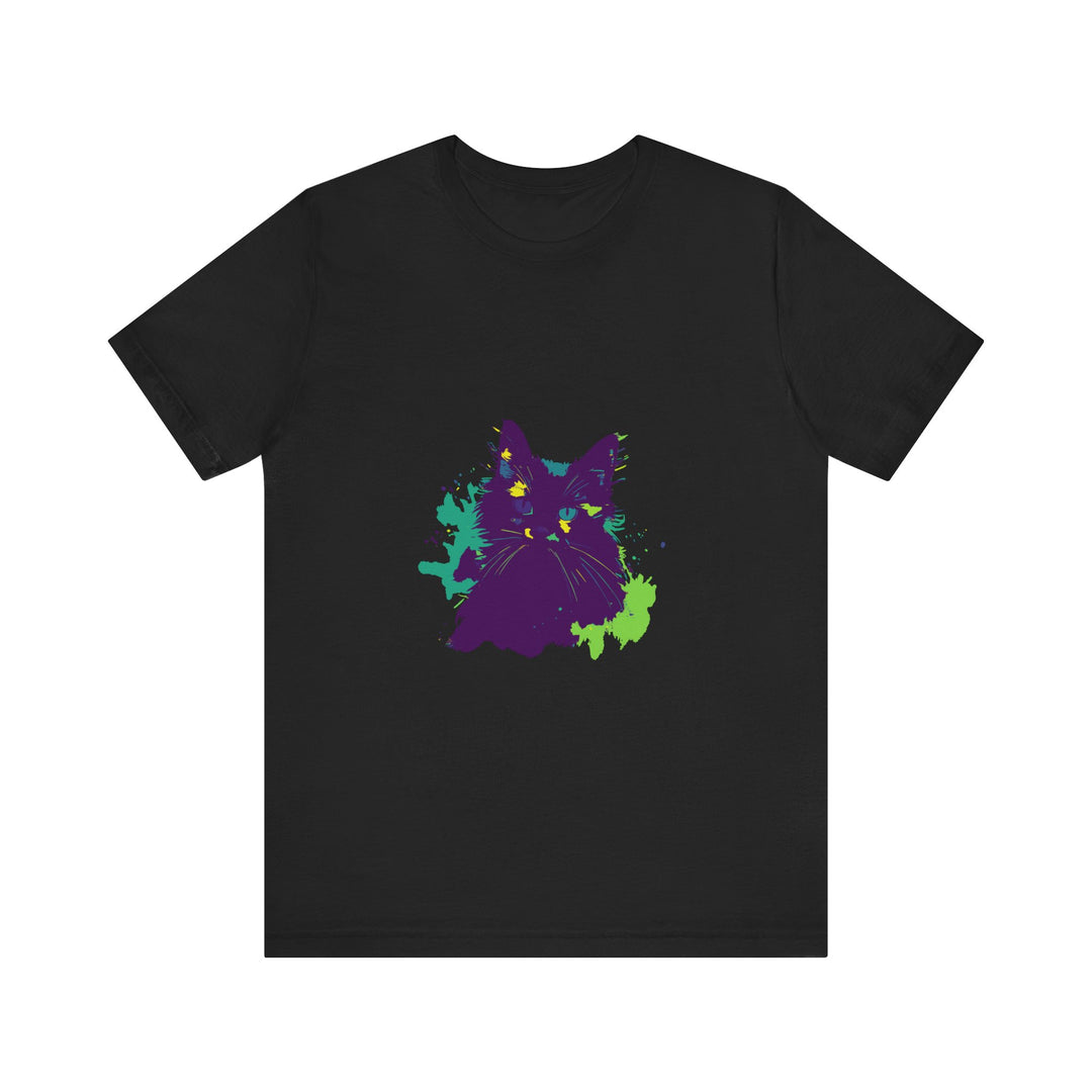 Vibrant purple t-shirt with abstract cat design, perfect for mystery lovers