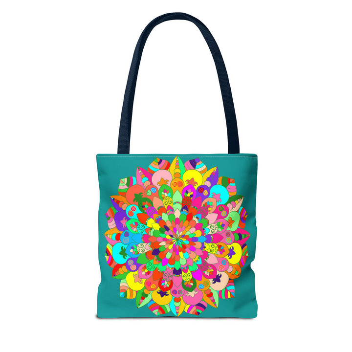 Vibrant and intricate mandala art design in aquamarine colors on tote bag