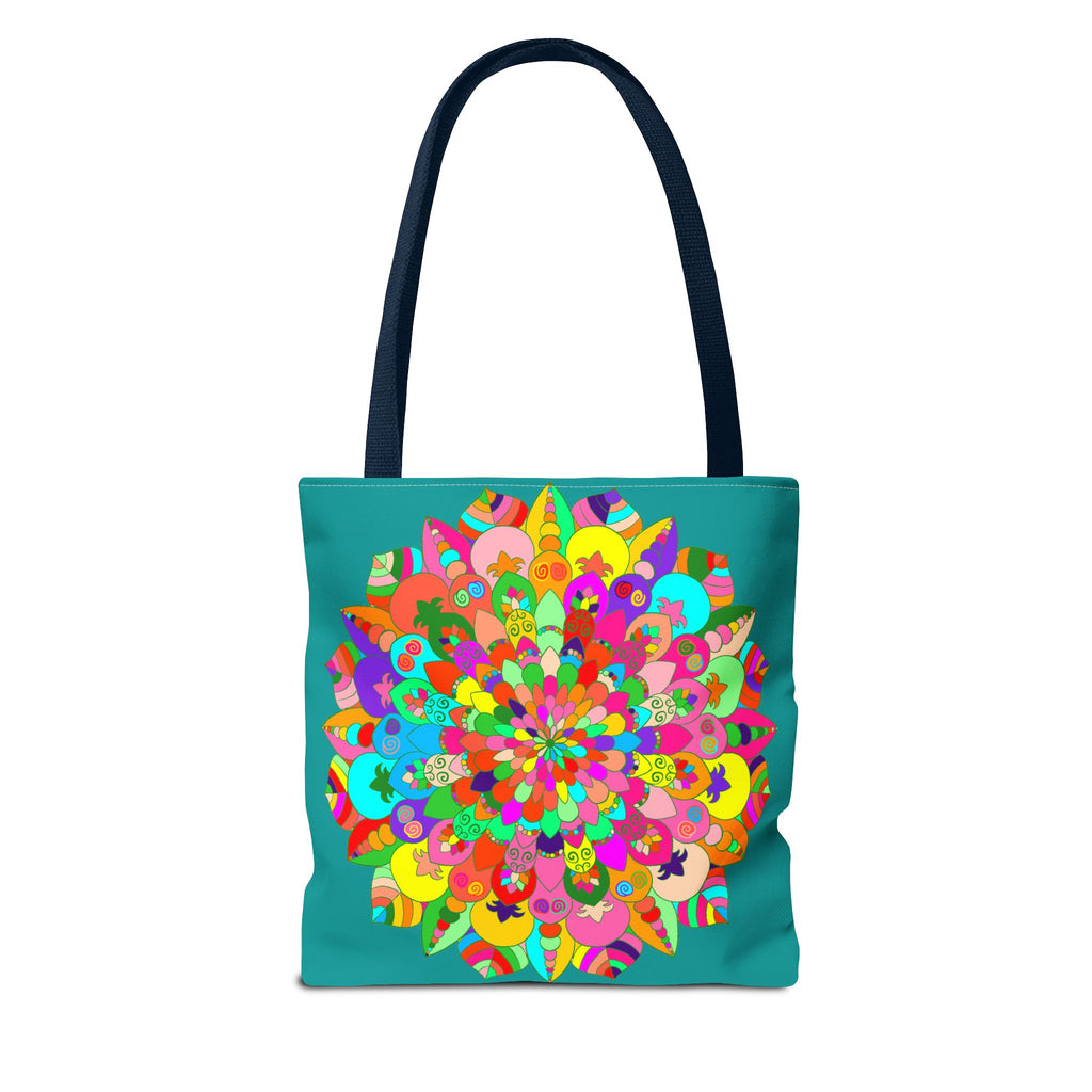 Vibrant and intricate mandala art design in aquamarine colors on tote bag