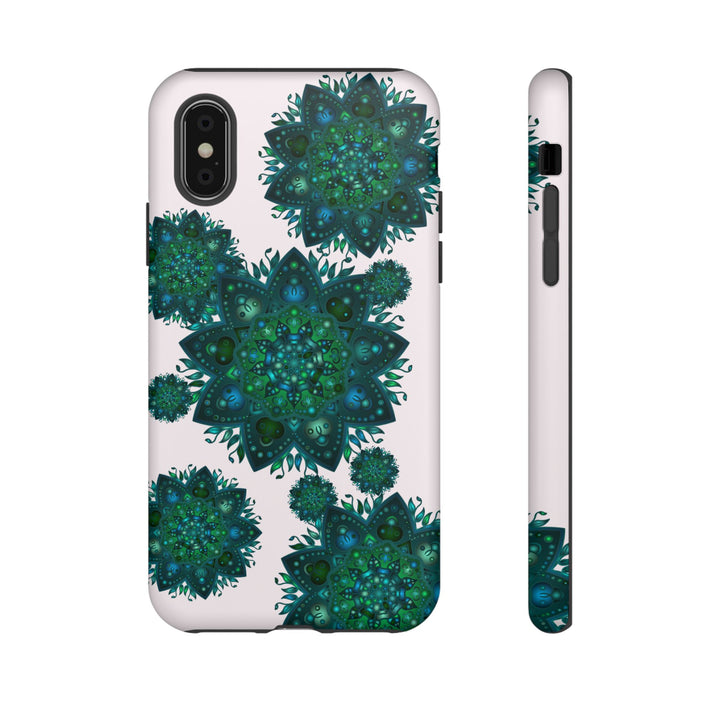 Beautiful light pink and green mandala phone case with peaceful design