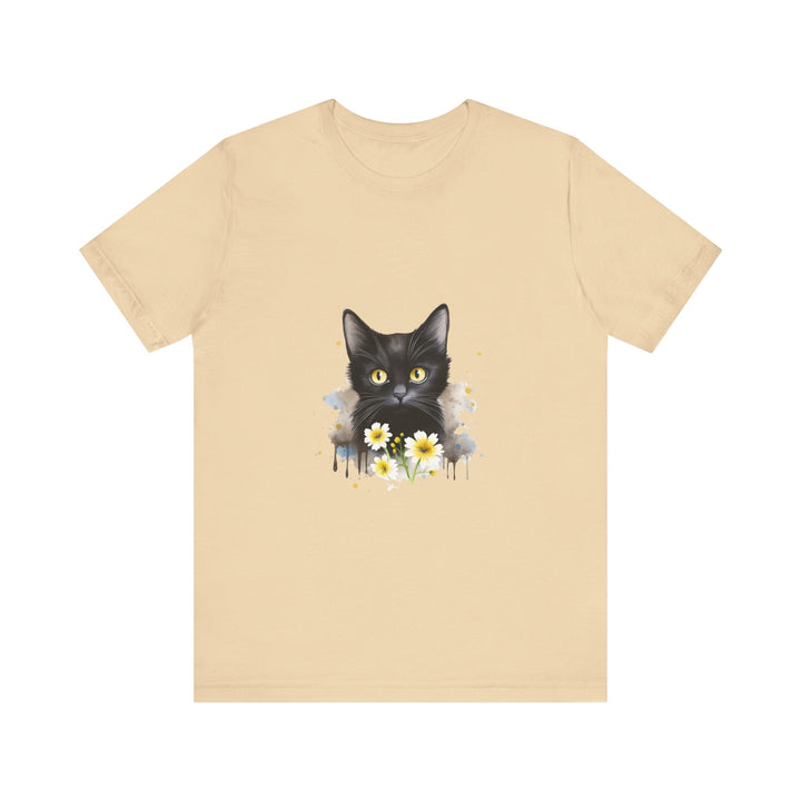 Black t-shirt featuring a striking image of a fierce black cat with piercing yellow eyes