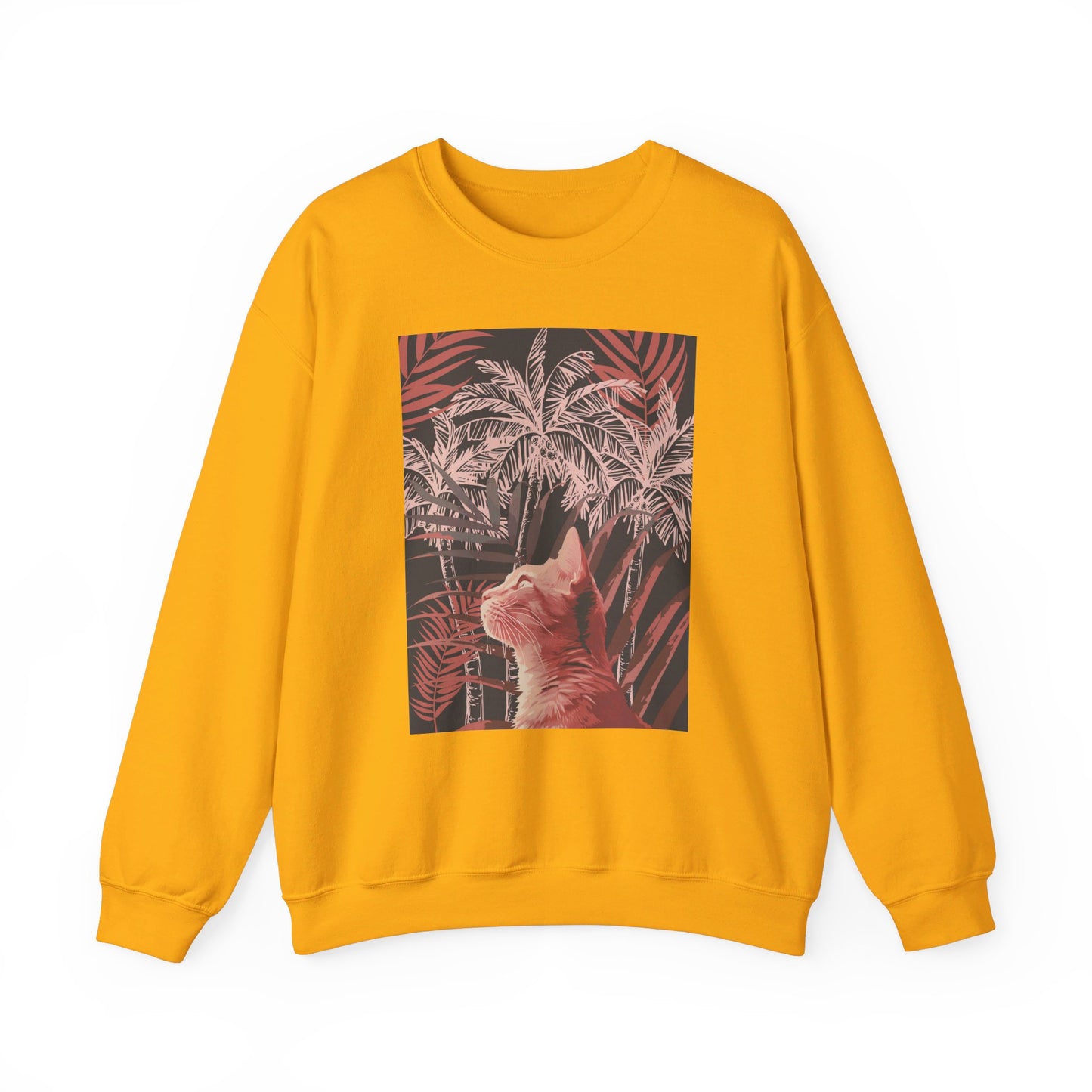 A cozy unisex heavy blend crewneck sweatshirt featuring a cat lounging under palm trees