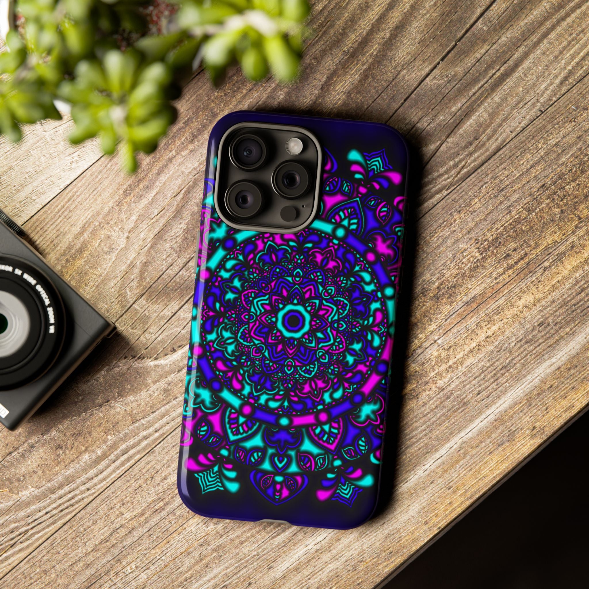 Mandala Neon Phone Case — Purple & Teal Protective Tough Case