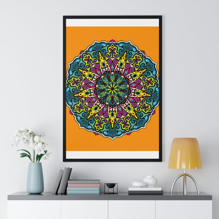 Vertical framed poster featuring a hand-drawn orange mandala, perfect for mindfulness and yoga practices