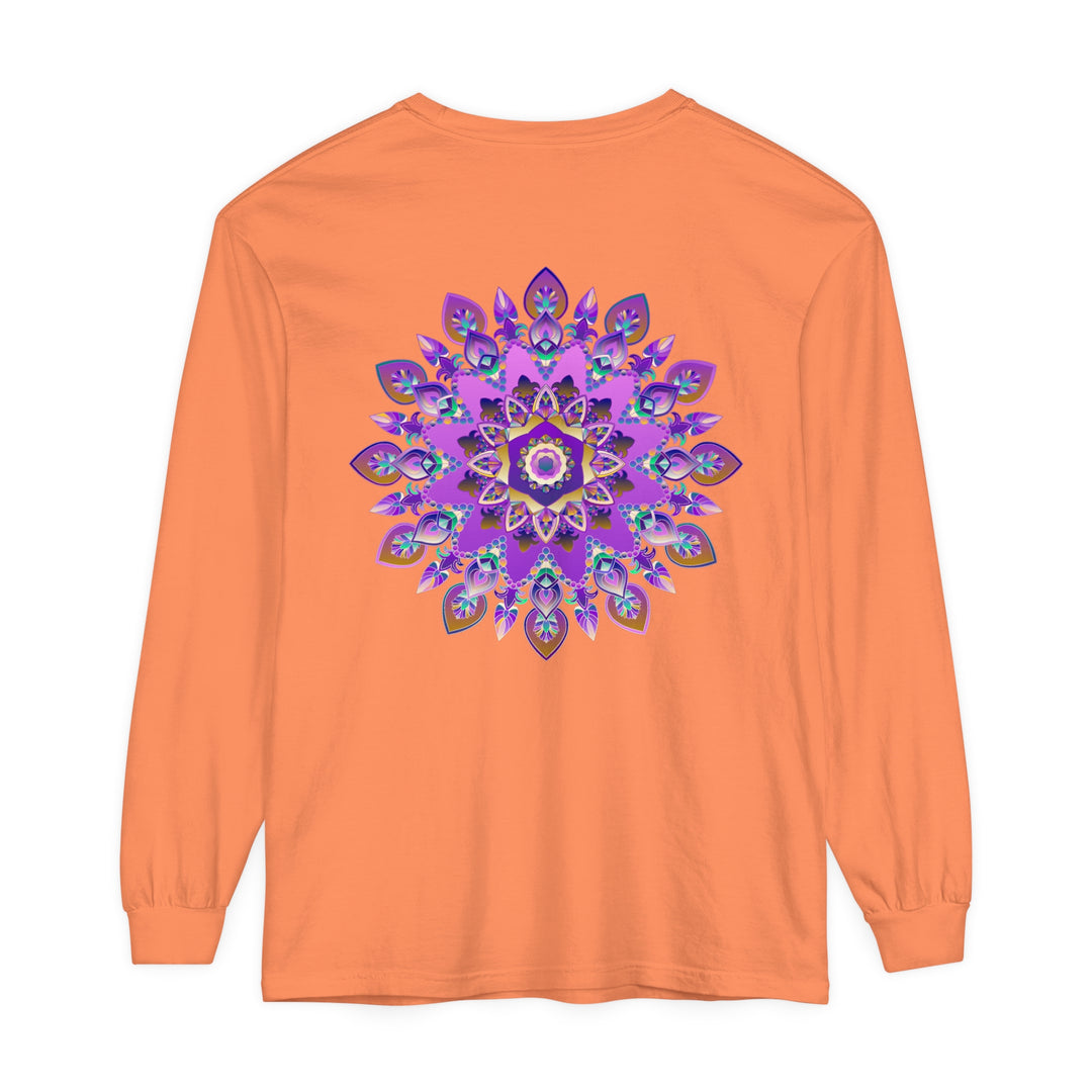 Close-up image of a purple and gold mandala long sleeve t-shirt with intricate design