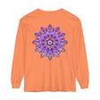 Close-up image of a purple and gold mandala long sleeve t-shirt with intricate design