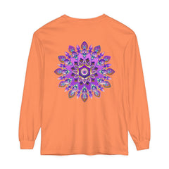 Close-up image of a purple and gold mandala long sleeve t-shirt with intricate design