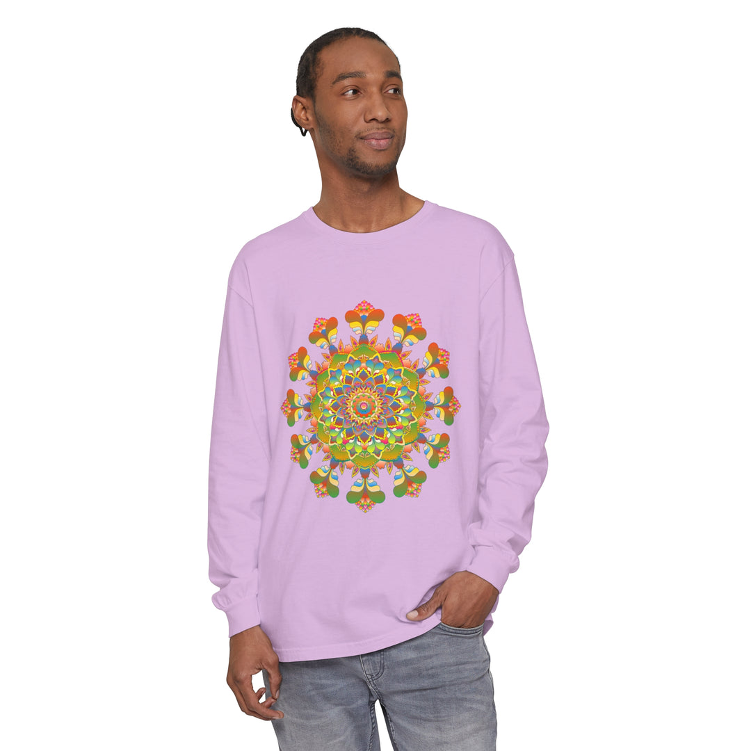 Vibrant mandala long sleeve t-shirt featuring colorful and intricate artistic design