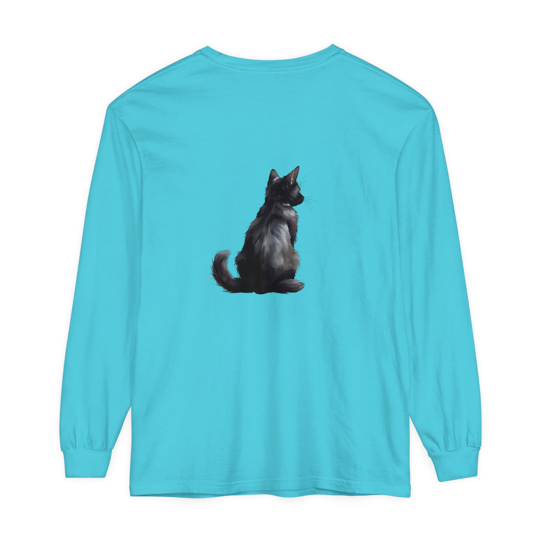 Black Cat Mystery unisex long sleeve tee in black with intricate cat design