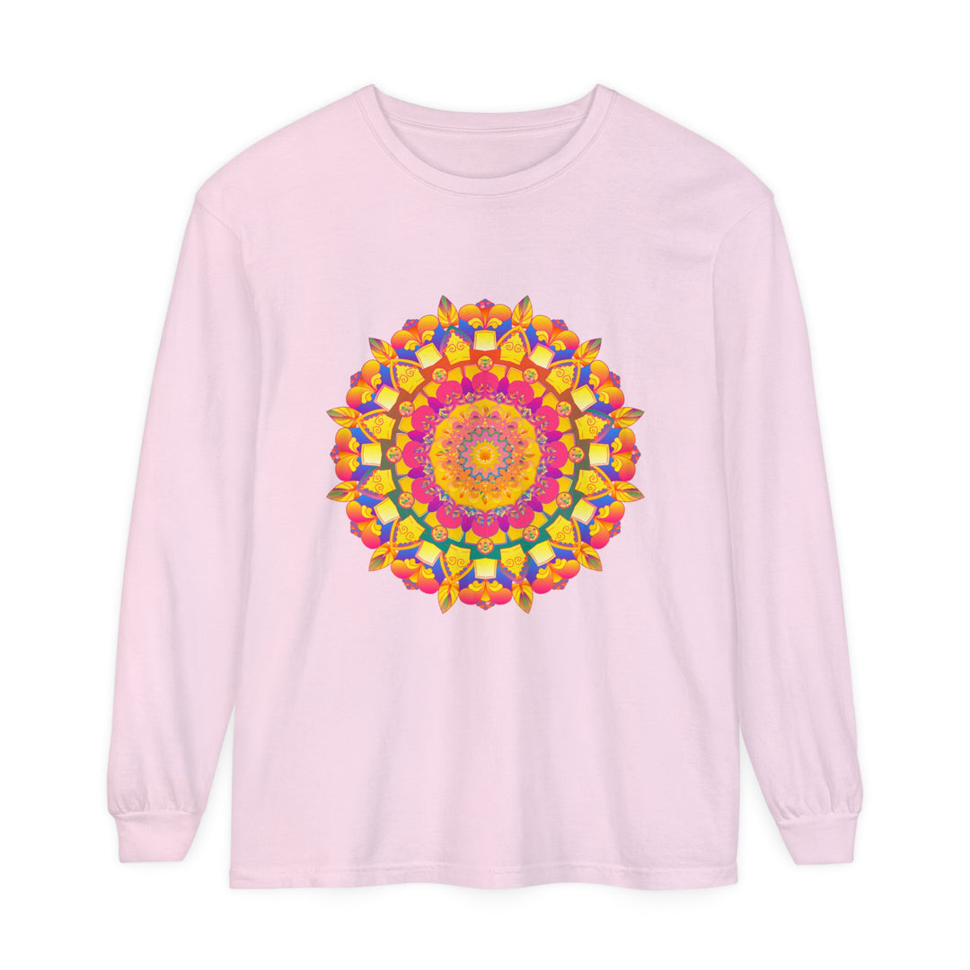 Vibrant and intricate colorful mandala design on a long sleeve t-shirt, featuring psychedelic art